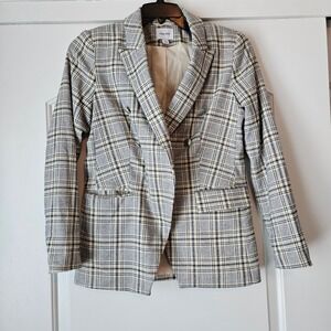 Nine West Women's Plaid Double Breasted Blazer XS Cream Office *Missing Button
